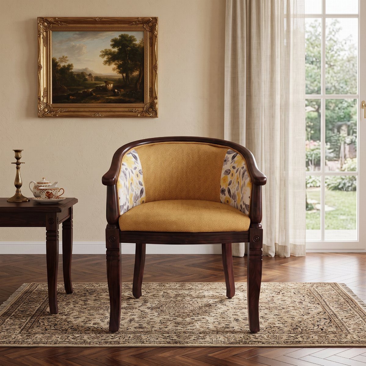 Fabric Chairs Dining Ideas: 32 Styles, Colors, and Frames 13 Yellow upholstered wood armchair with floral accents on a patterned rug in a room.
