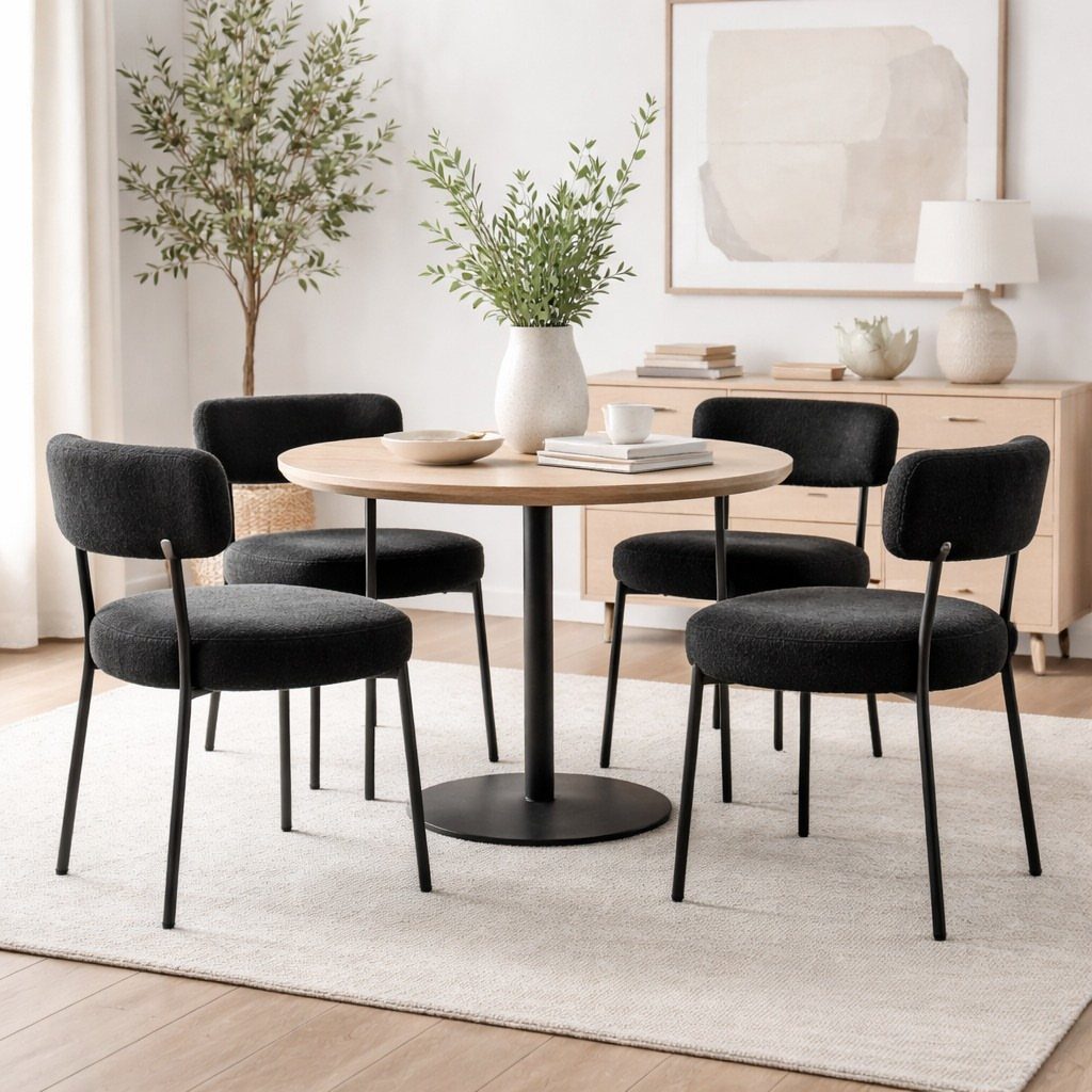 Fabric Chairs Dining Ideas: 32 Styles, Colors, and Frames 10 Black fabric dining chairs with metal legs around a round wooden table.