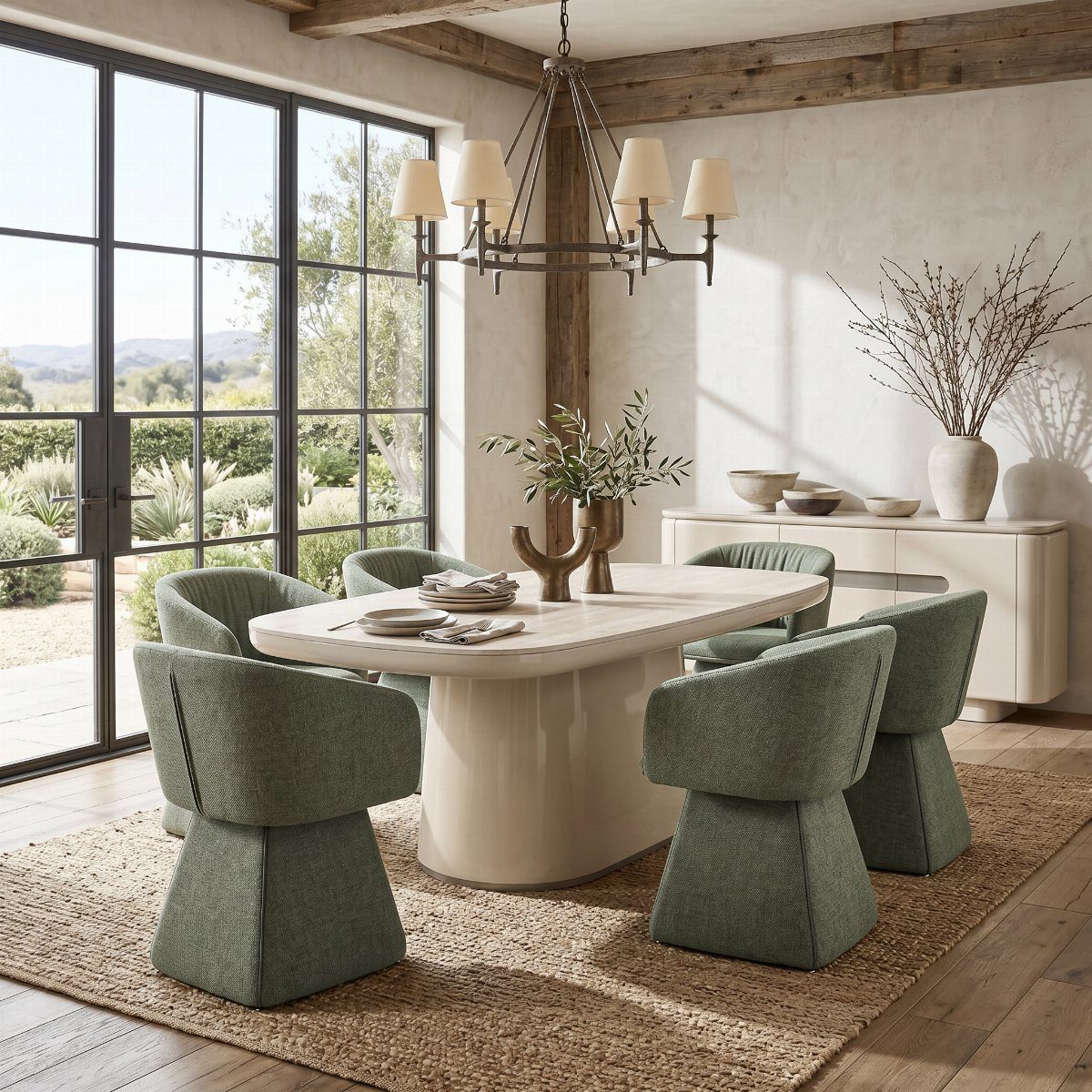 Fabric Chairs Dining Ideas: 32 Styles, Colors, and Frames 19 Sage green upholstered dining chairs around a white oval pedestal table in a bright room