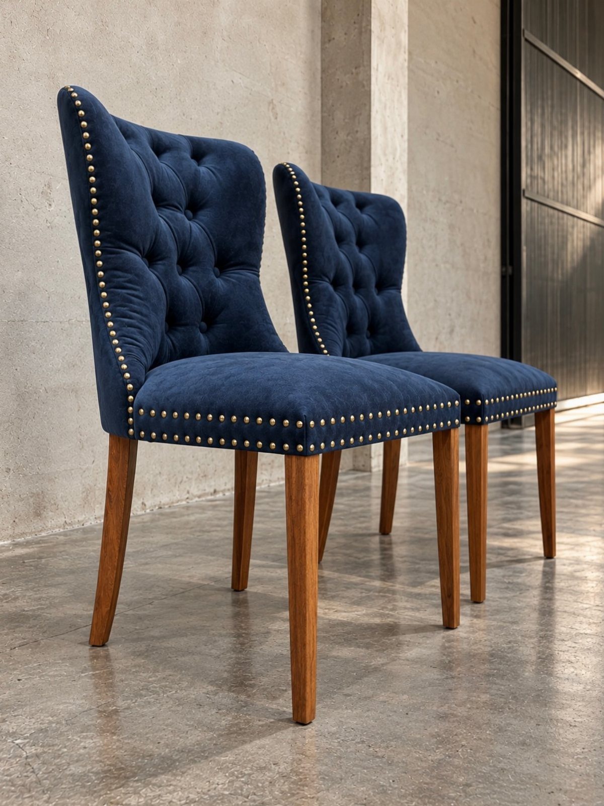 Fabric Chairs Dining Ideas: 32 Styles, Colors, and Frames 8 Navy blue tufted dining chairs with gold nailhead trim and wooden legs.