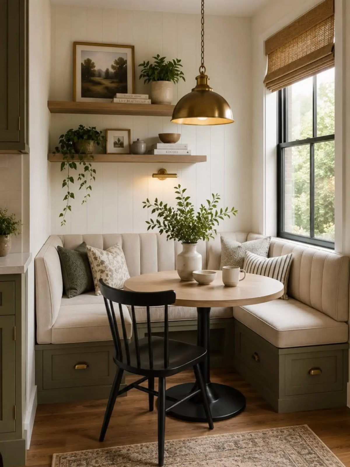 35 Farmhouse Kitchen Remodel Ideas Worth Stealing 32 L-shaped built-in corner bench seating with cream cushions in a farmhouse breakfast nook.