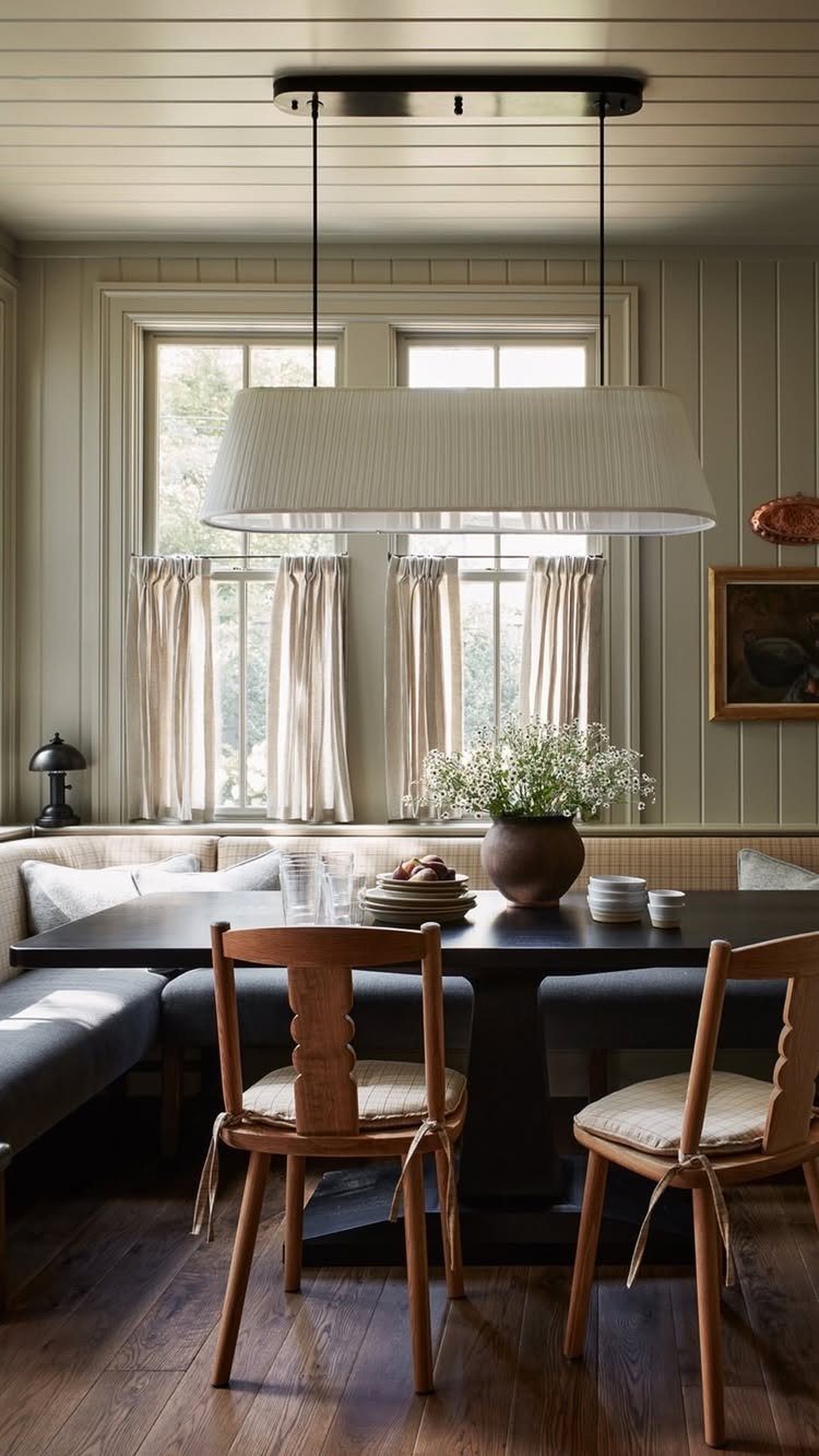 35 Farmhouse Kitchen Remodel Ideas Worth Stealing 30 Dining area with L-shaped banquette seating, dark wood table, and large white pendant light.
