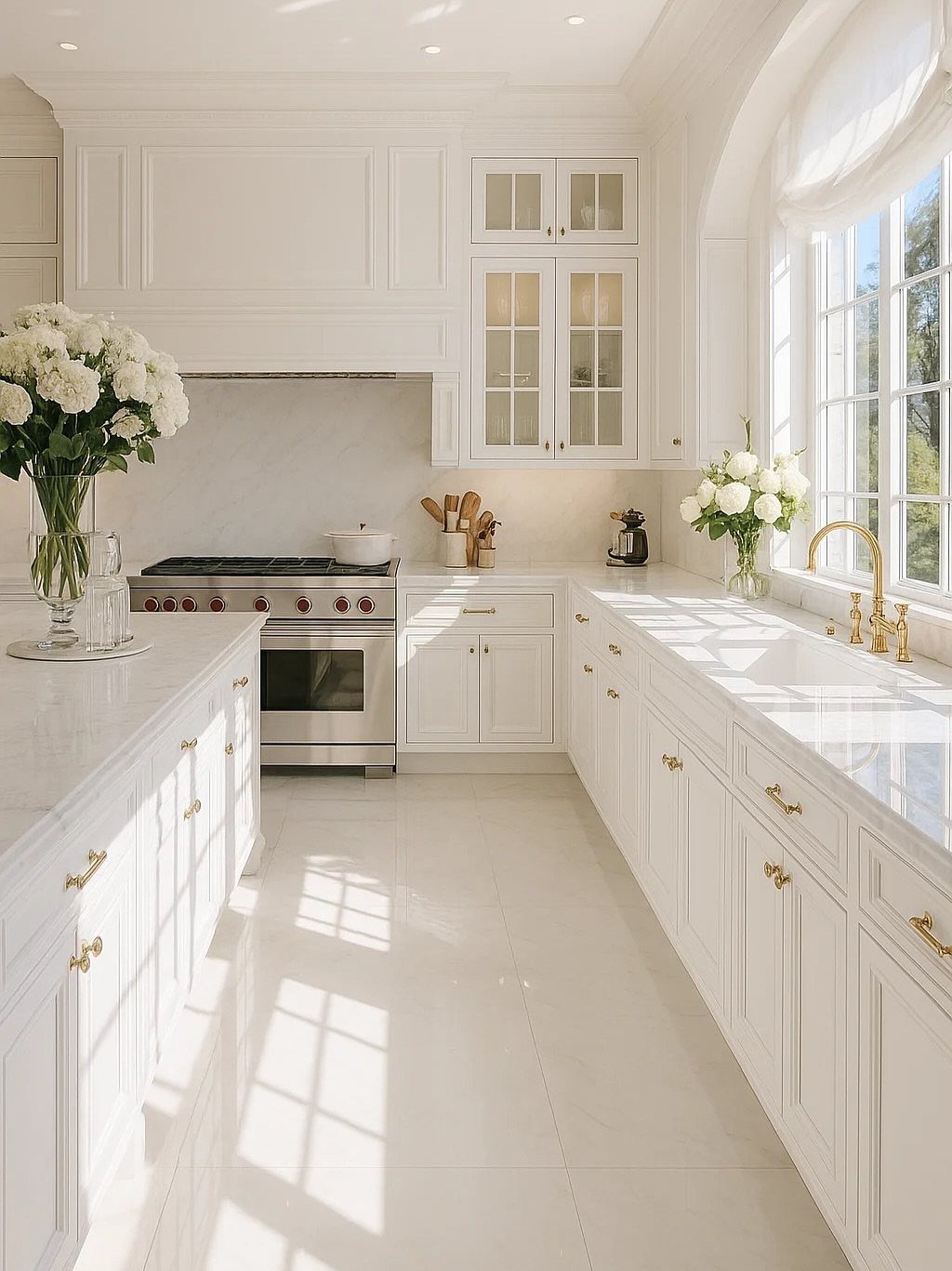 35 Farmhouse Kitchen Remodel Ideas Worth Stealing 1 White shaker-style kitchen cabinets with gold hardware and bright white countertops.