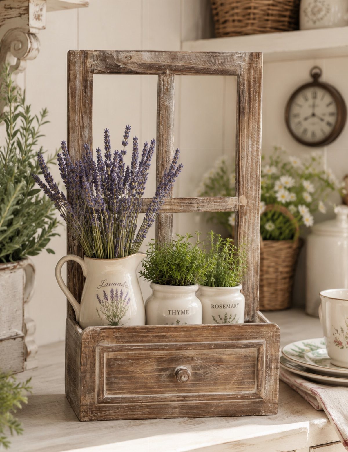 35 Farmhouse Kitchen Remodel Ideas Worth Stealing 22 Rustic wooden planter with lavender and herbs set against a weathered window frame.