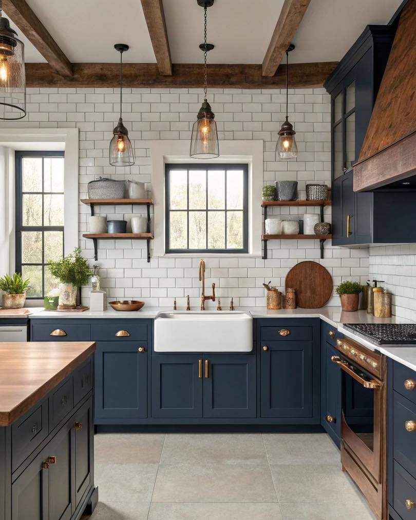 35 Farmhouse Kitchen Remodel Ideas Worth Stealing 23 Navy blue kitchen island with butcher block top in a farmhouse kitchen