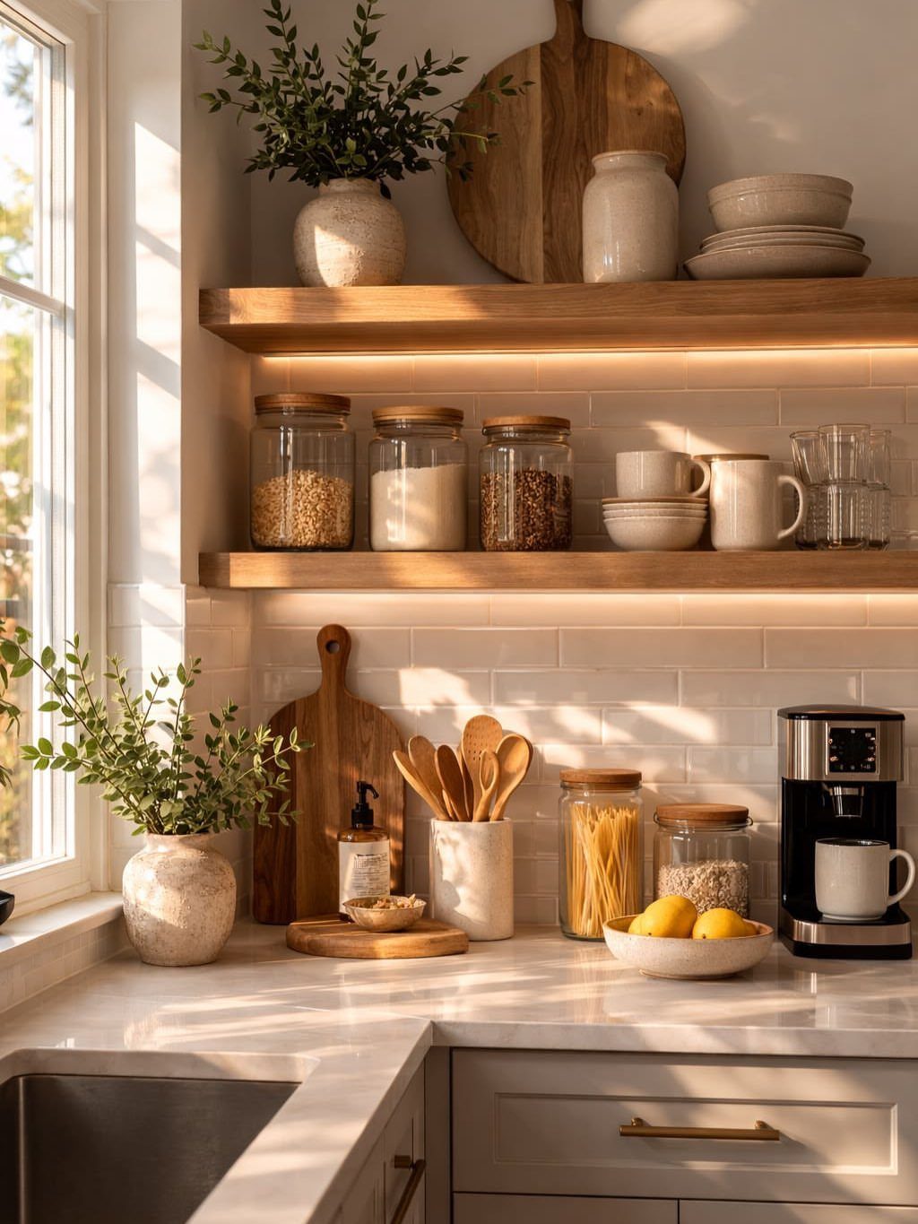 35 Farmhouse Kitchen Remodel Ideas Worth Stealing 5 Wooden open shelving in a bright kitchen with white subway tile backsplash.