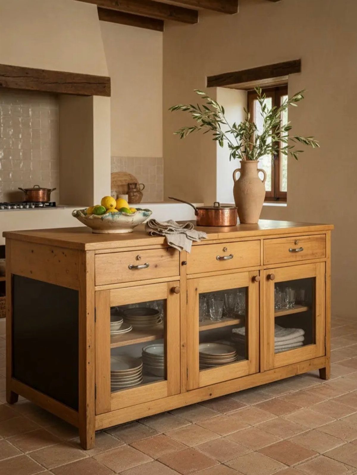 35 Farmhouse Kitchen Remodel Ideas Worth Stealing 14 Rustic wooden kitchen island with glass cabinets, copper pots, and olive branch vase.