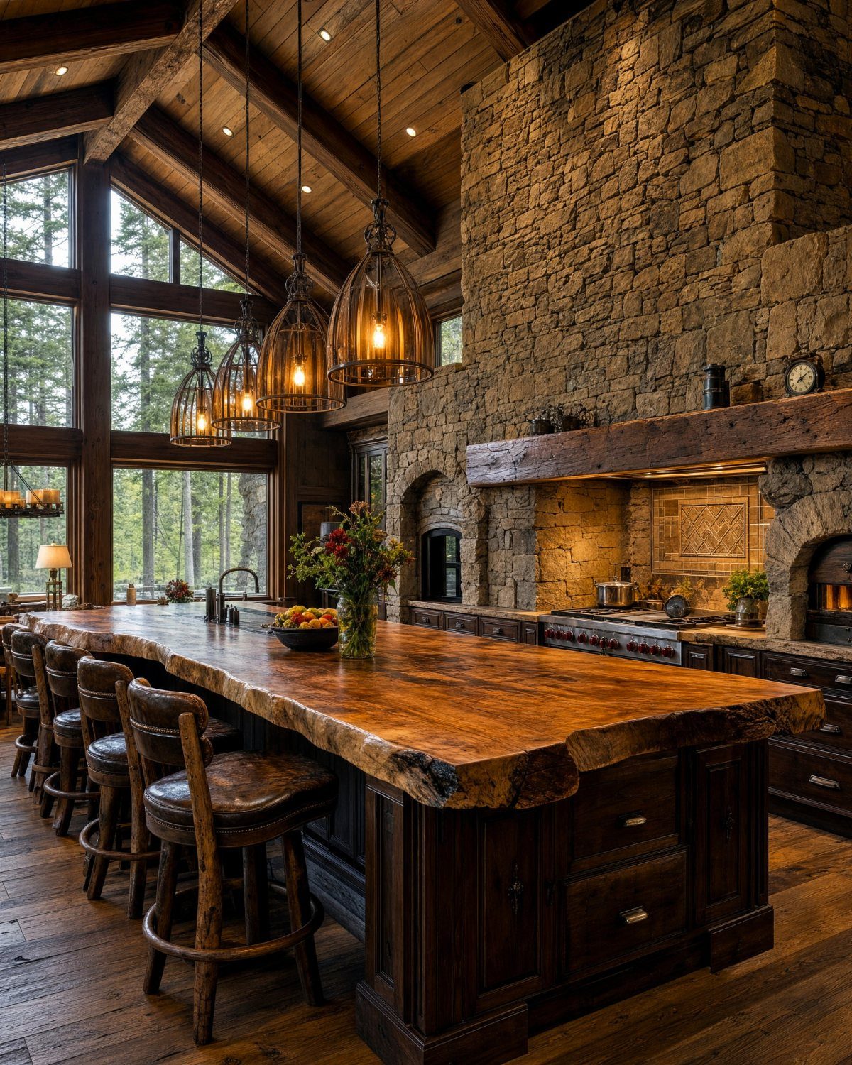 35 Farmhouse Kitchen Remodel Ideas Worth Stealing 3 Live-edge wood kitchen island with stone walls and amber pendant lights in rustic home.