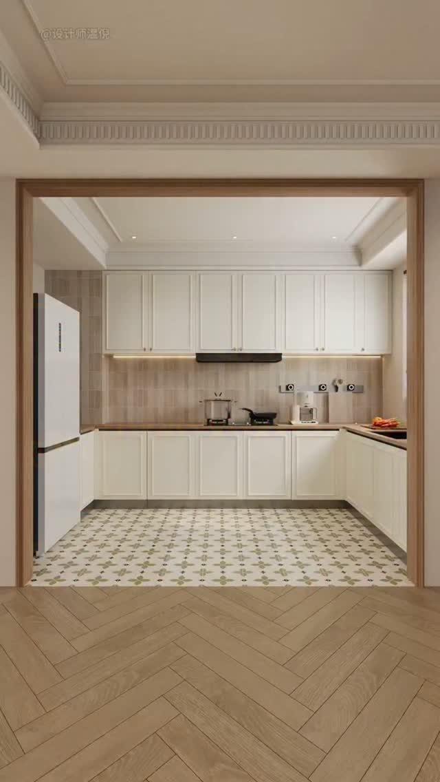 35 Farmhouse Kitchen Remodel Ideas Worth Stealing 11 White shaker-style cabinets in a bright kitchen with patterned tile flooring.