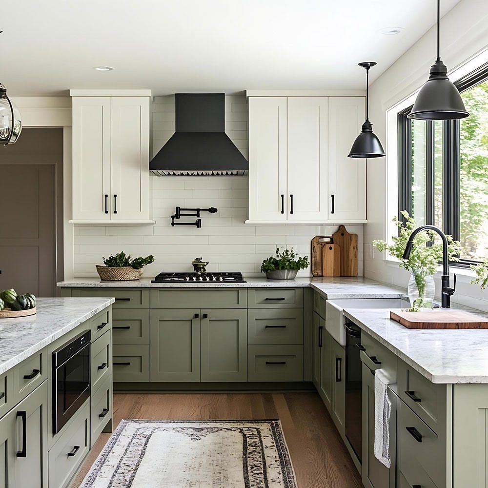 35 Farmhouse Kitchen Remodel Ideas Worth Stealing 7 Kitchen with white upper cabinets and sage green lower cabinets and marble countertops