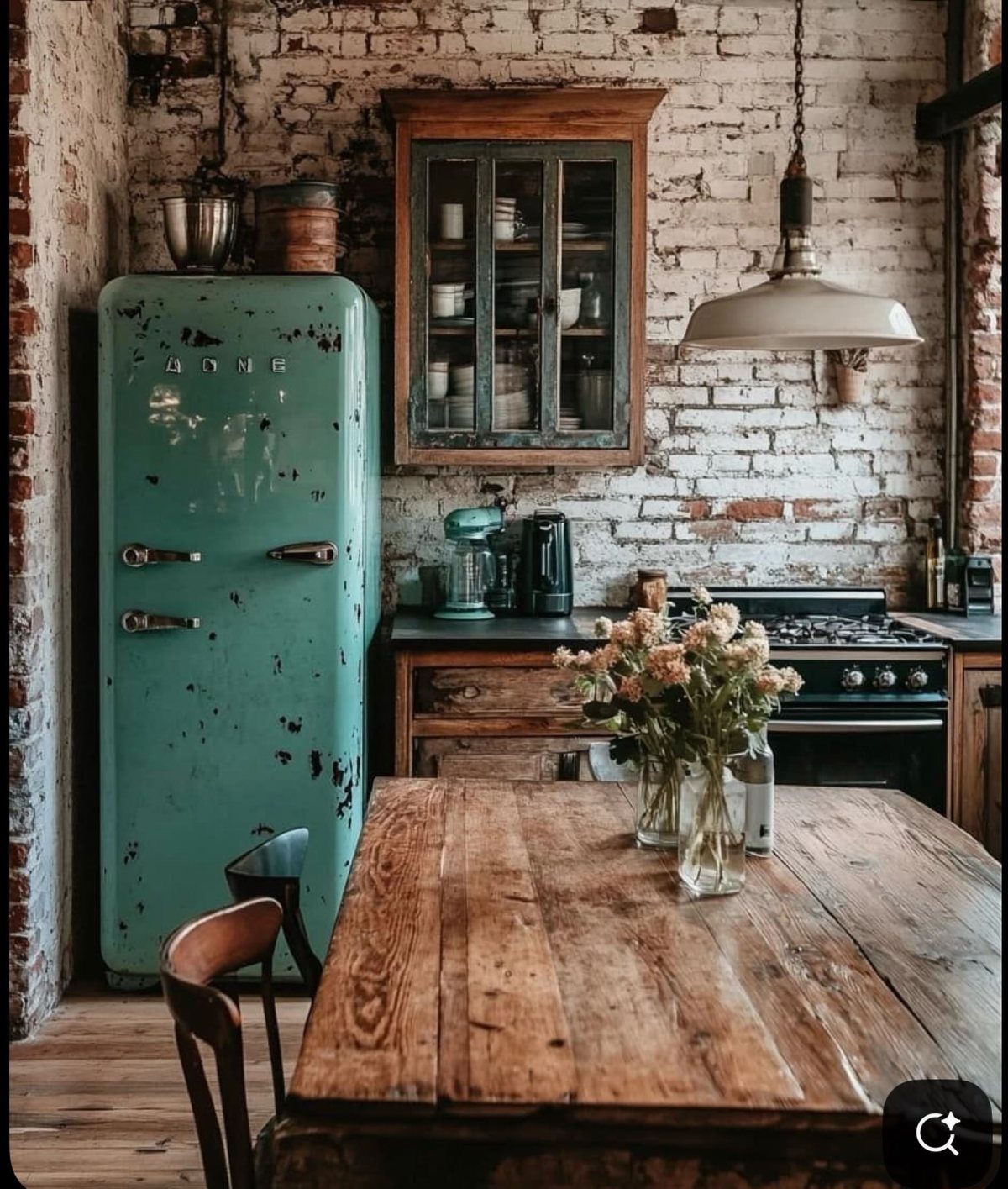 35 Farmhouse Kitchen Remodel Ideas Worth Stealing 19 Teal vintage refrigerator in a rustic kitchen with brick walls and wooden table.