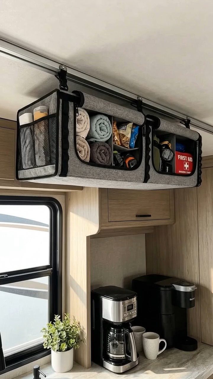 23 Fifth Wheel Remodel Ideas for Storage, Color, and Comfort 16 Grey hanging storage organizer attached to an RV ceiling above a coffee station.