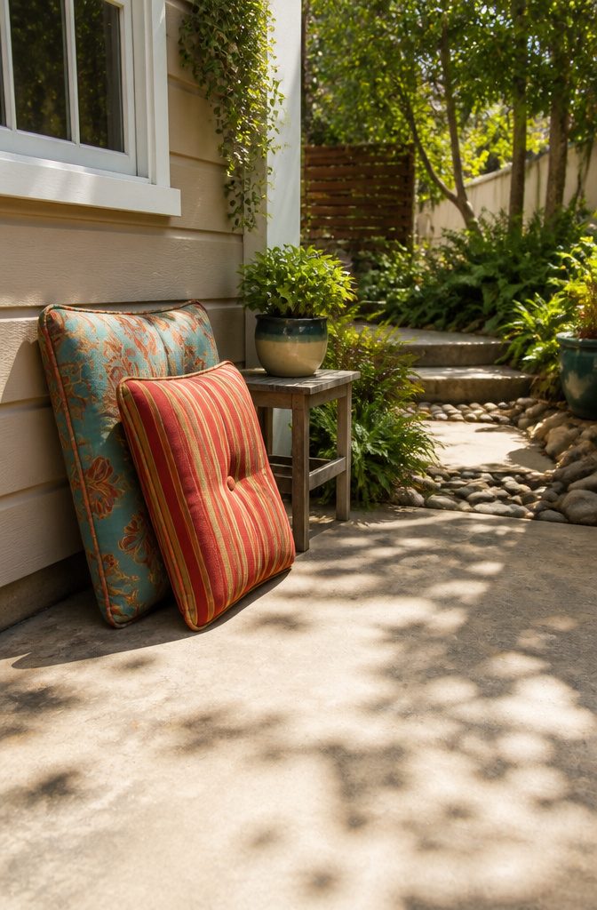 Patio cushions leaning against each other in the sun.