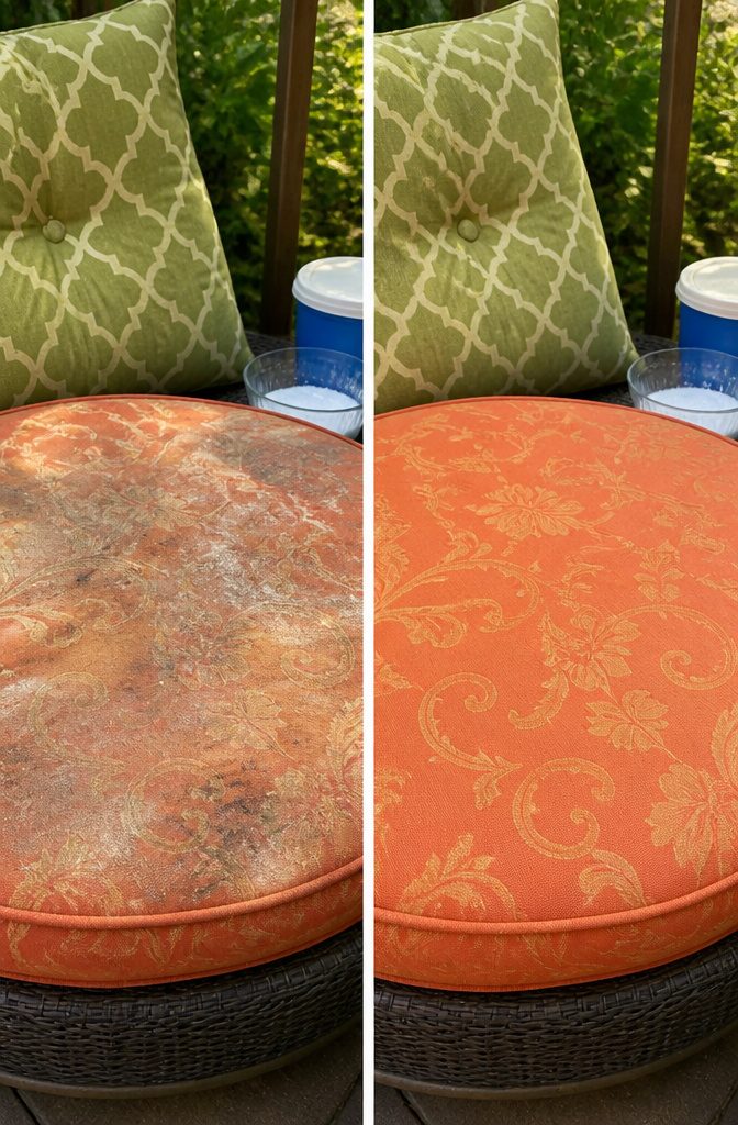 A bowl of OxiClean mixed with water next to a stained cushion.