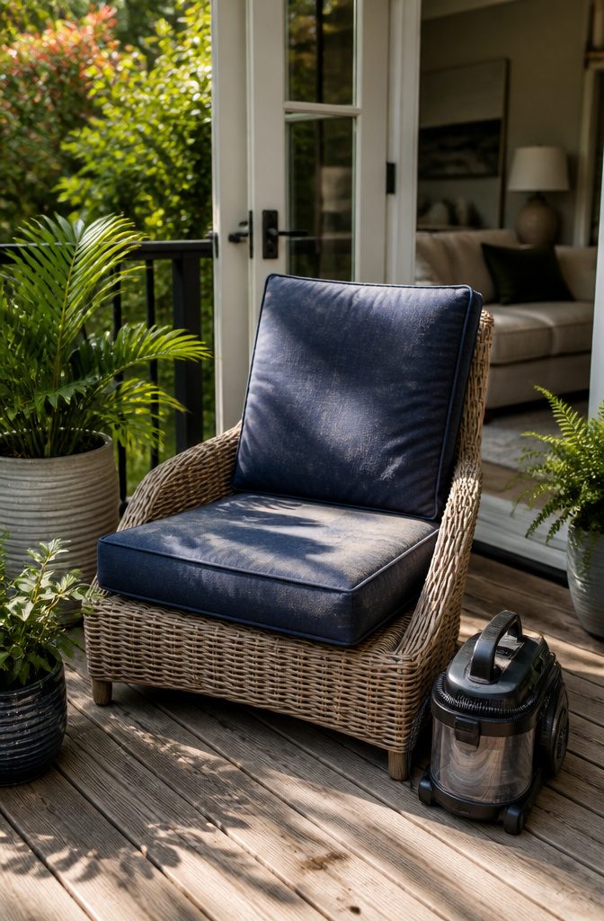 A pair of outdoor cushions resting on a wicker chair.