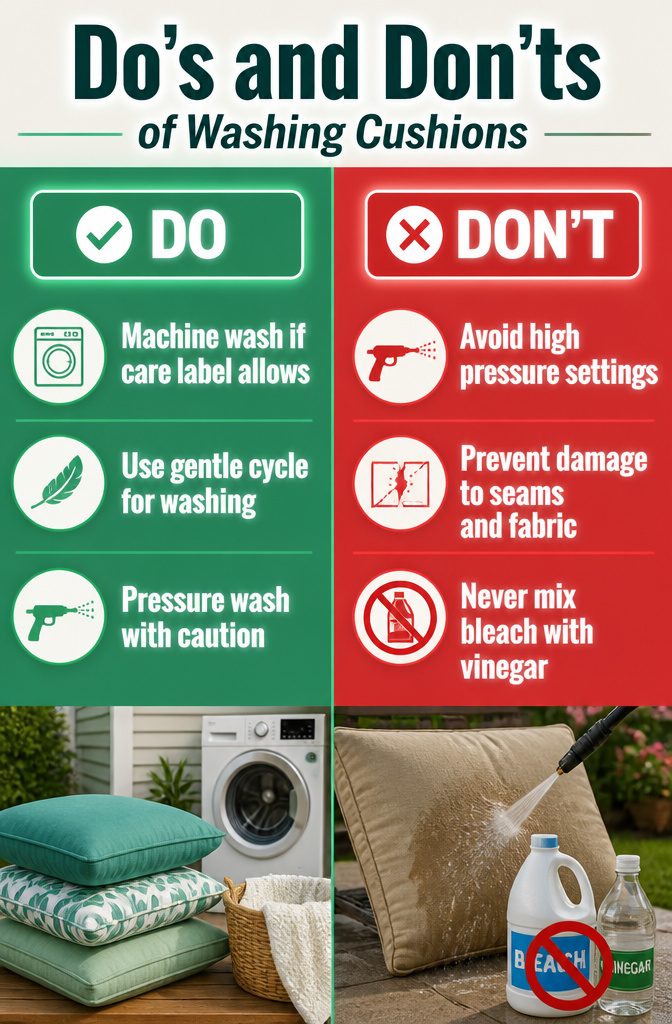 A chart showing do's and don'ts for washing cushions.