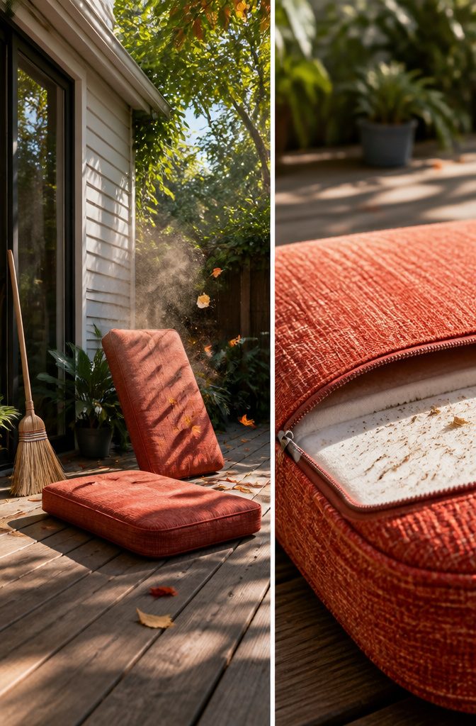A person vacuuming dirt off patio cushions outdoors.