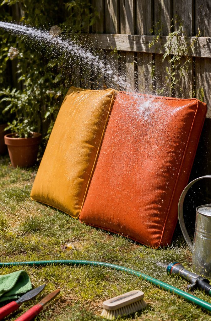 Water spraying over two colorful patio cushions against a fence.
