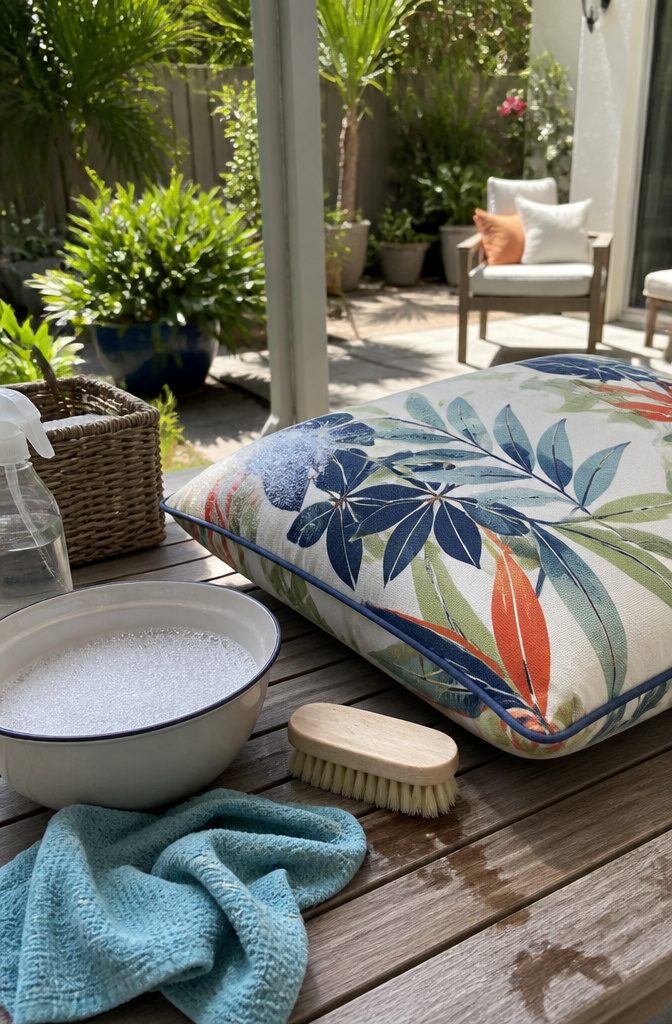 A patio cushion on a table with a soft-bristle brush and soapy water.