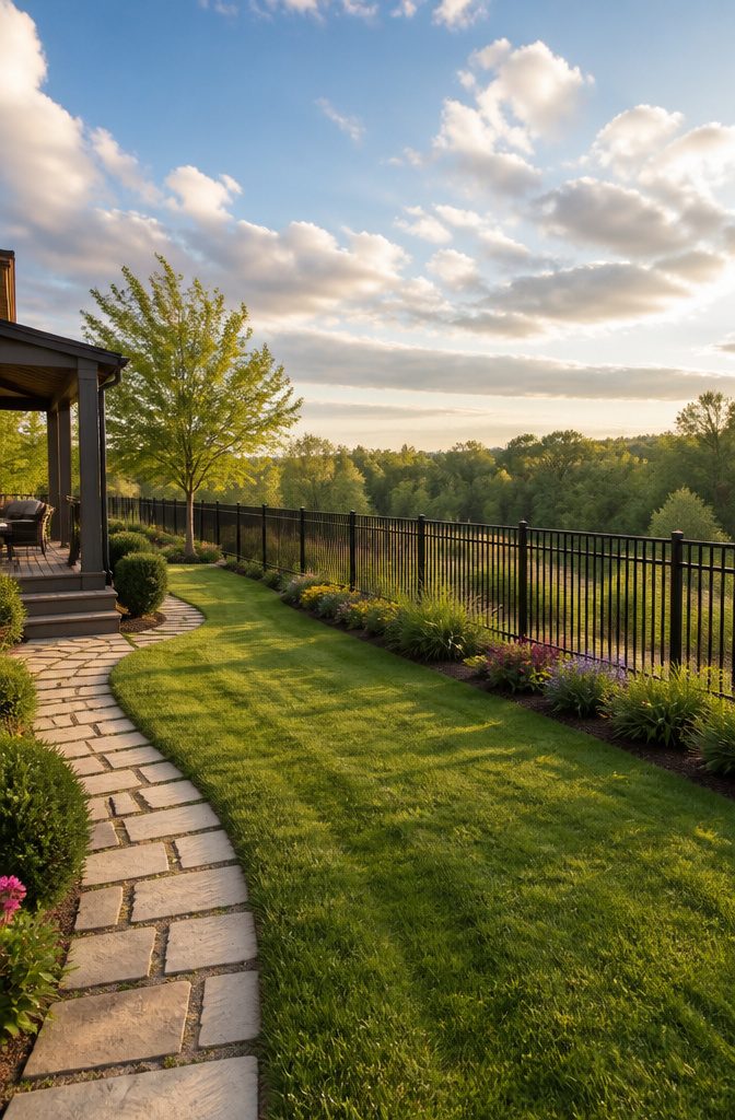 Aluminum fence panels surrounding a landscaped area.