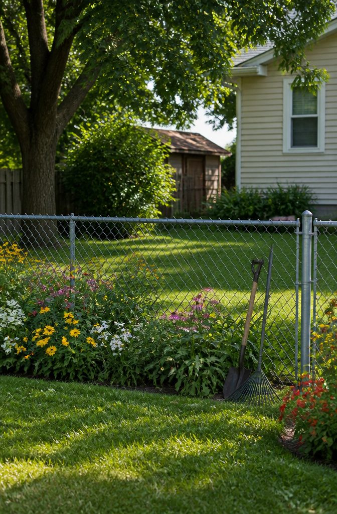 Chain link fence installed in a suburban backyard.