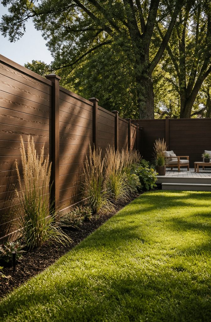 Composite fence panels with a wood-like texture in a stylish backyard.