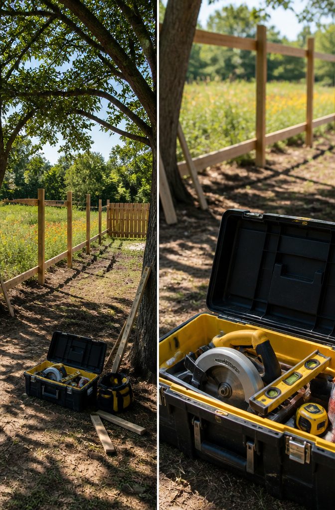 Person working on installing a fence in a backyard.
