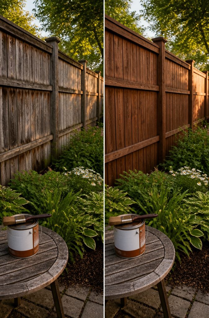 Wood fence showing signs of wear and requiring maintenance.