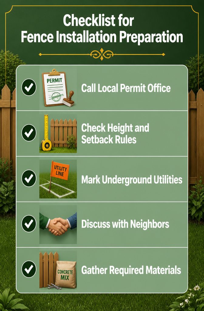 Checklist for fence installation preparation displayed on a table.