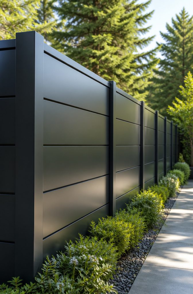 Steel privacy panels and custom fencing in a backyard.