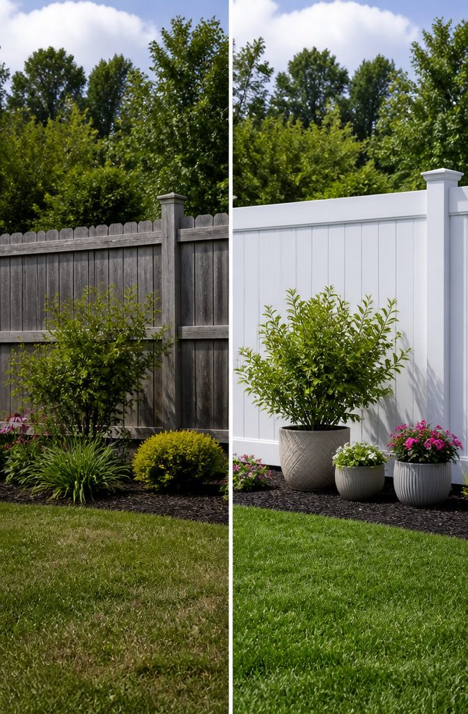 Vinyl fence panels in a backyard setting with greenery.