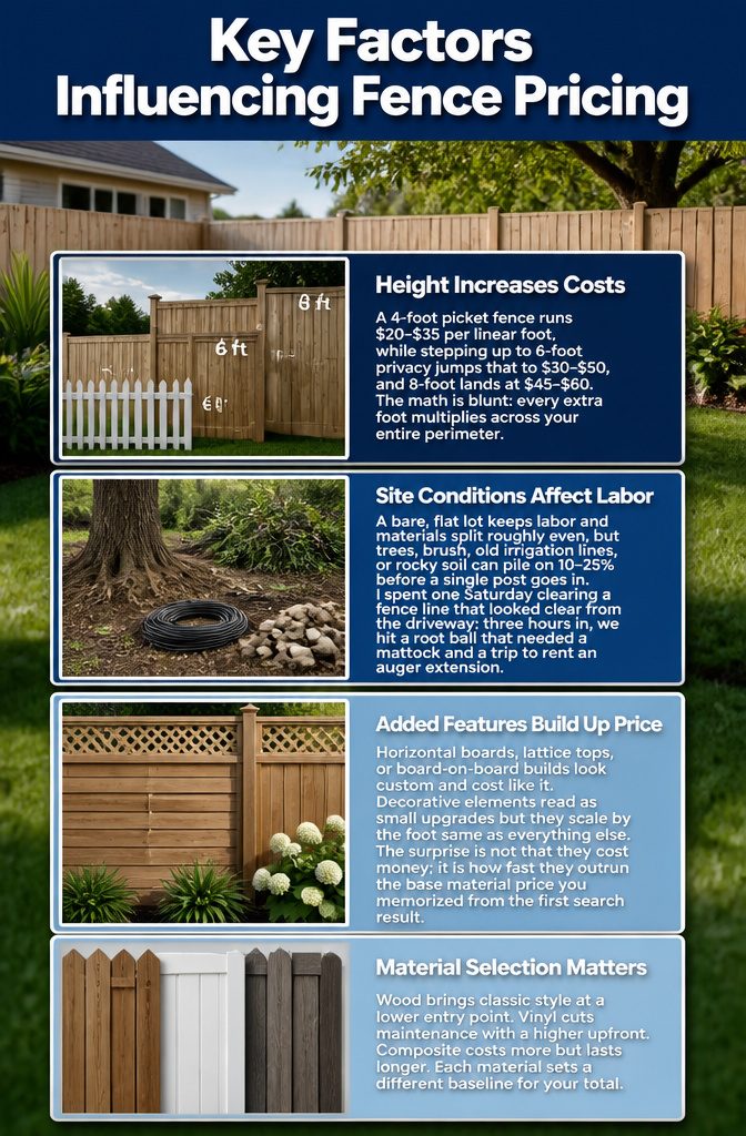 Checklist of factors affecting fence pricing shown on a document.