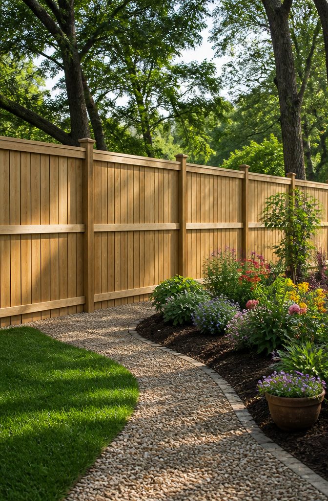 Wood fence made of pressure-treated pine panels in a green backyard.