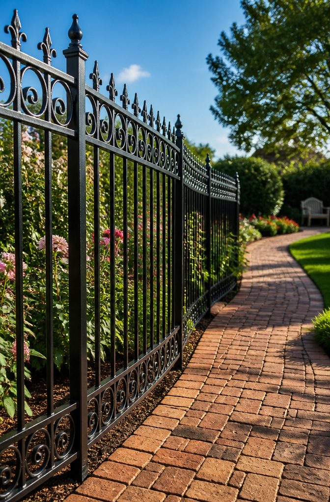 Wrought iron fence with decorative elements in a garden setting.