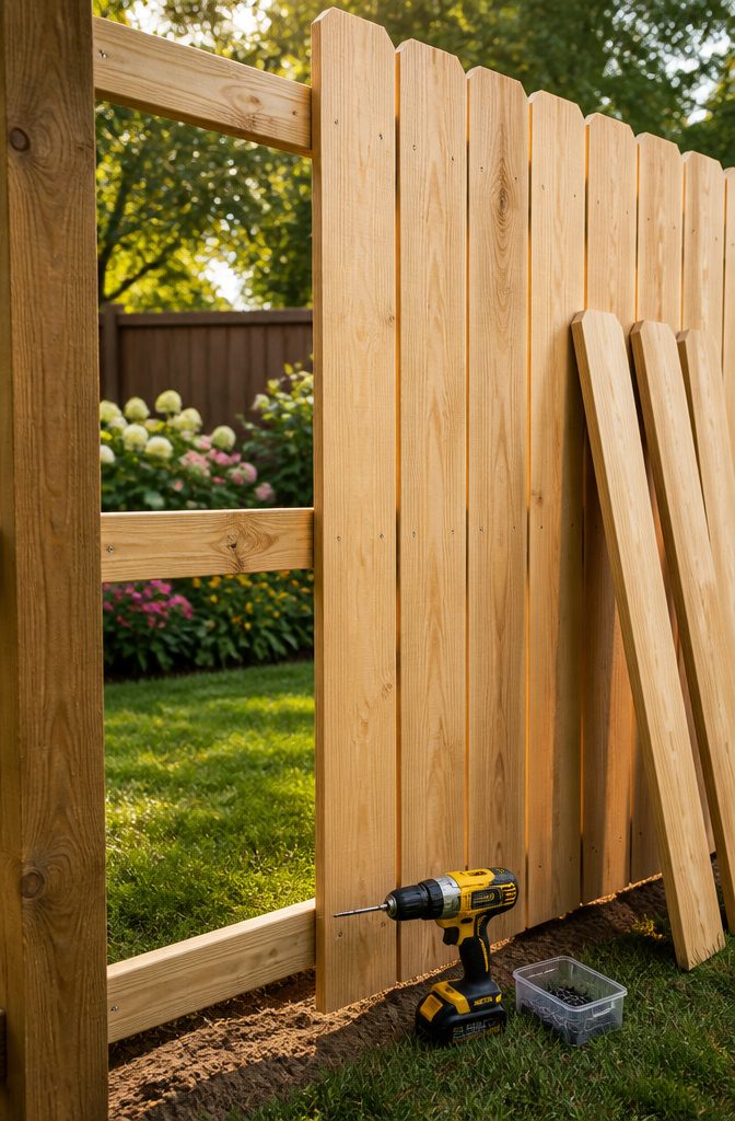 How to Build a Backyard Fence: 9 Steps for 2026 7 Wooden pickets being attached to the fence rails.