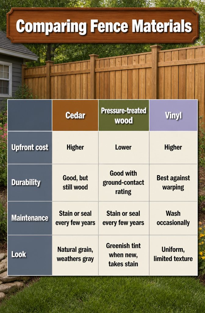 How to Build a Backyard Fence: 9 Steps for 2026 10 A chart comparing different fence materials.