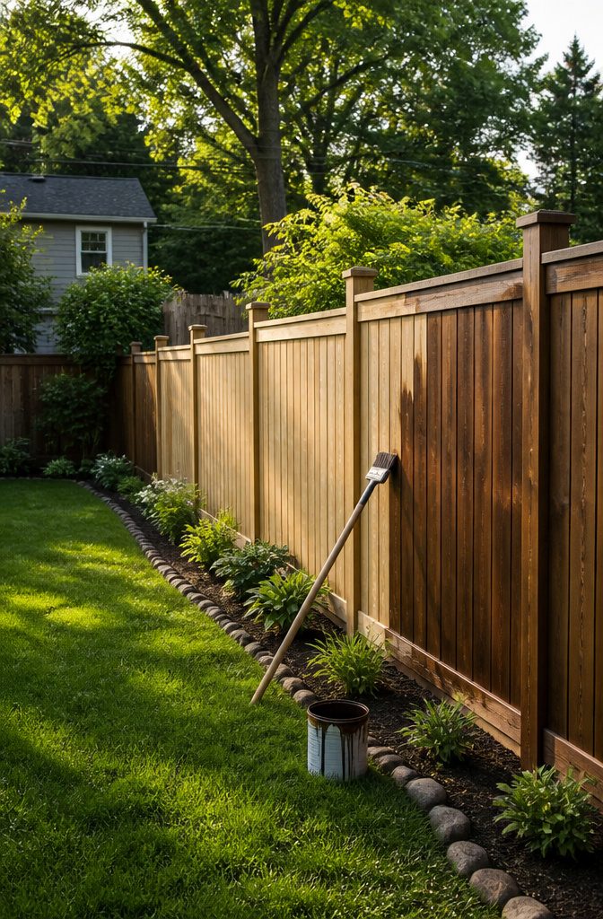How to Build a Backyard Fence: 9 Steps for 2026 9 A freshly stained wooden fence in a backyard.