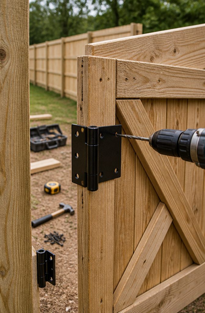 How to Build a Backyard Fence: 9 Steps for 2026 8 A single gate being installed on a fence.