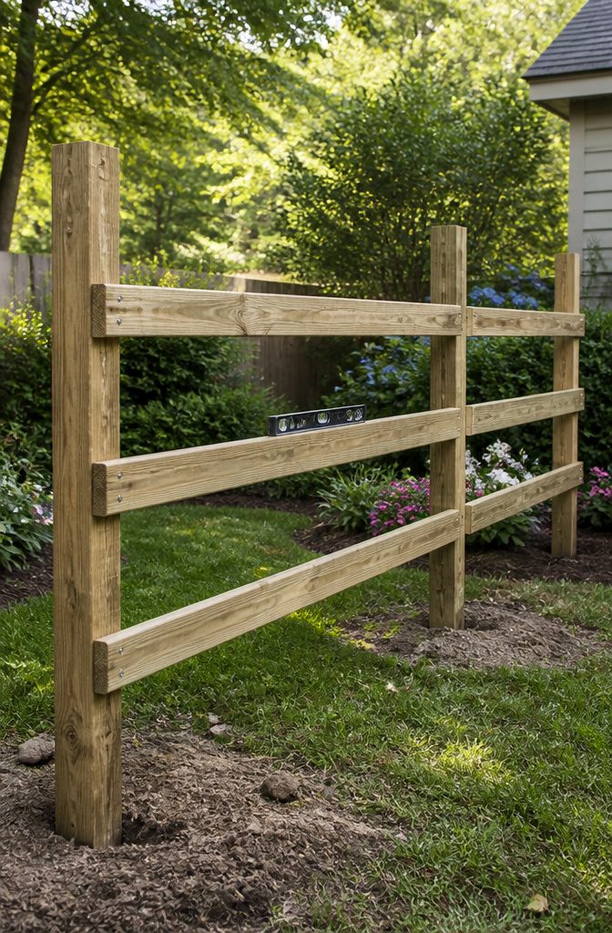 How to Build a Backyard Fence: 9 Steps for 2026 6 Horizontal rails being installed on fence posts.