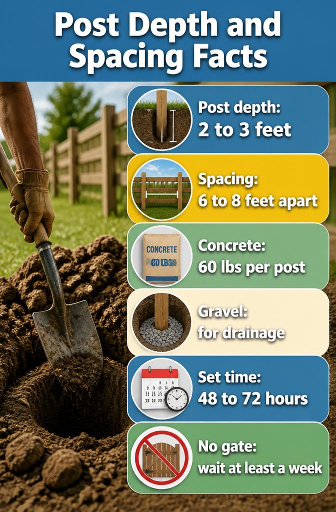 How to Build a Backyard Fence: 9 Steps for 2026 12 A diagram showing post depth and spacing for a fence.