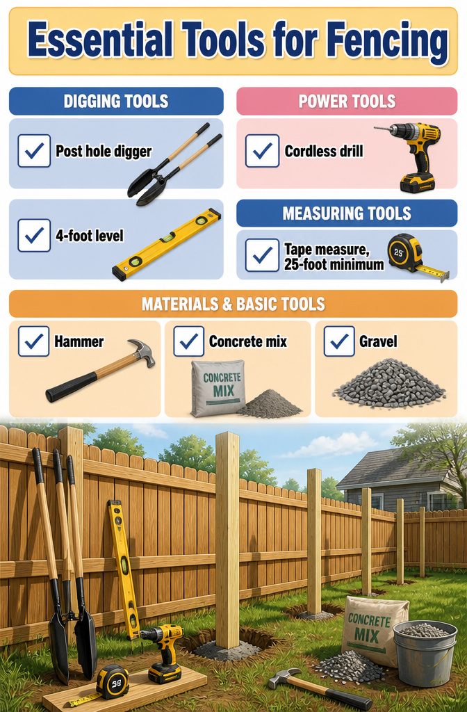 How to Build a Backyard Fence: 9 Steps for 2026 11 A collection of essential fencing tools on a workbench.
