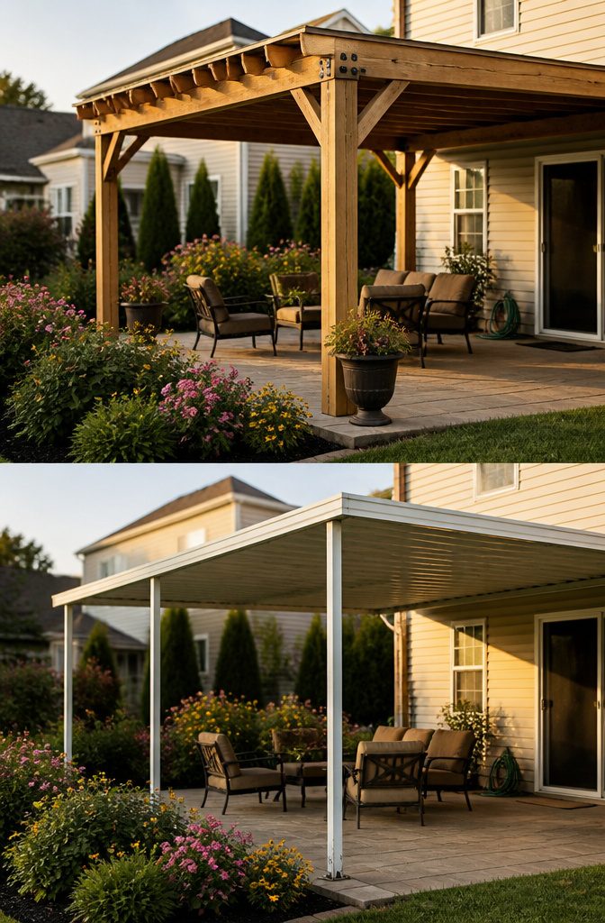 Diagram showing attached versus freestanding patio cover designs.
