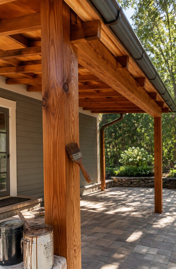 Close-up of stained beams in a garden setting.