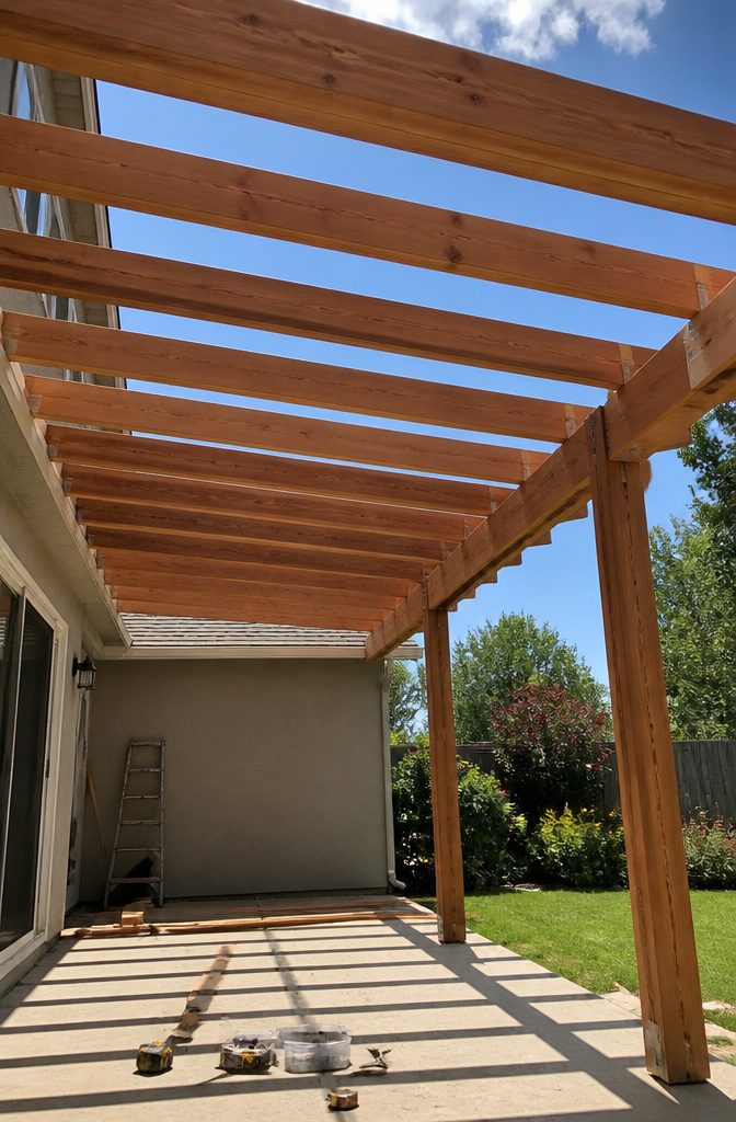 Freshly installed rafters spanning the patio cover.
