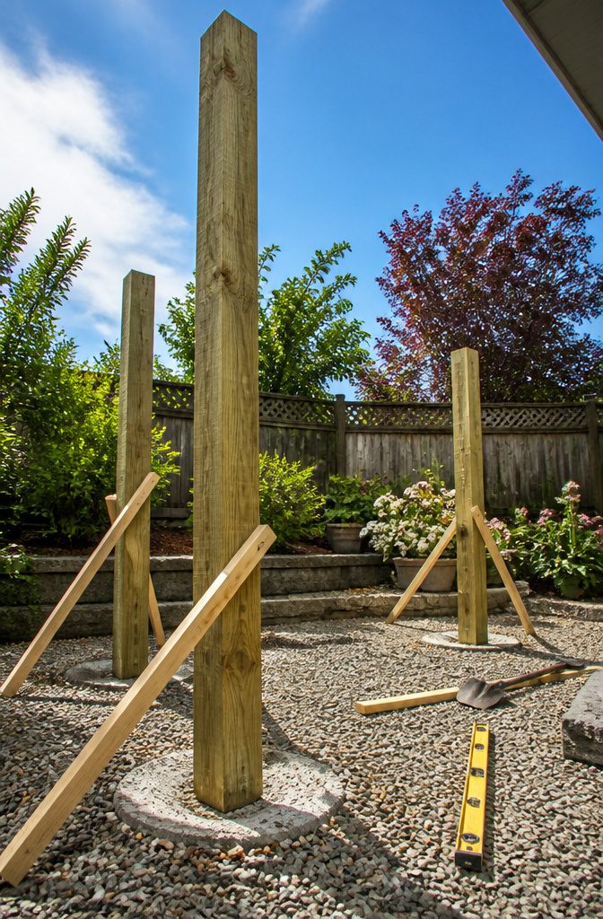 4x4 and 6x6 posts prepared for installation.