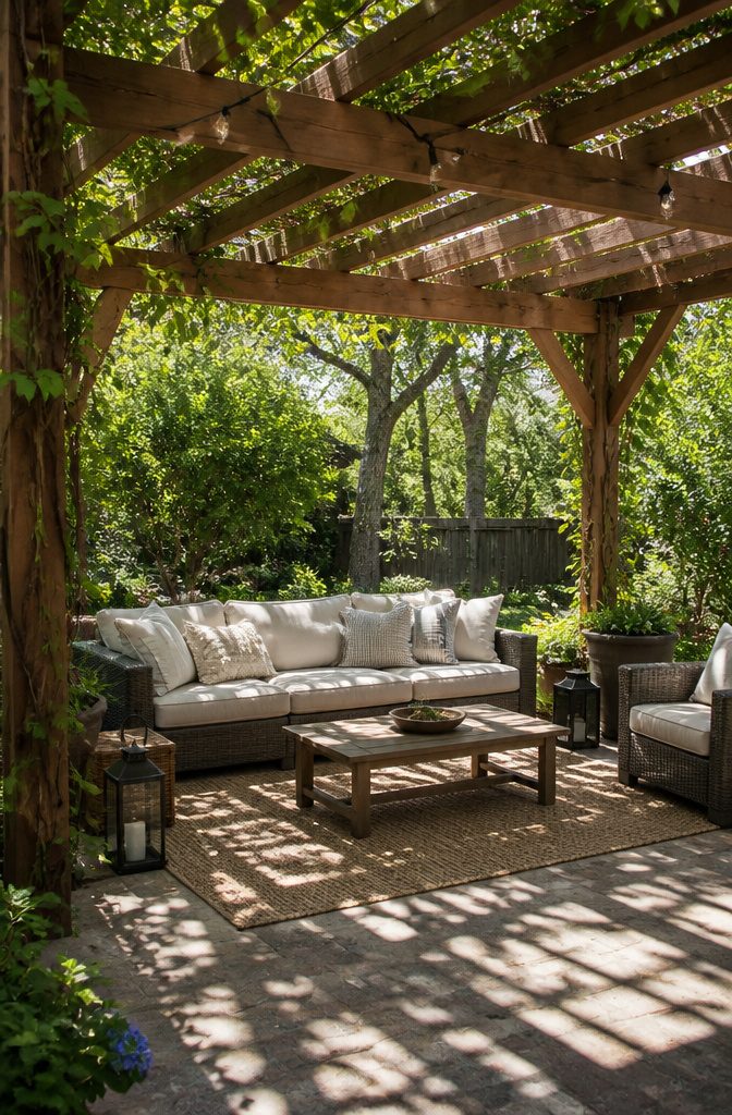 Pergola with slatted beams and trailing vines.