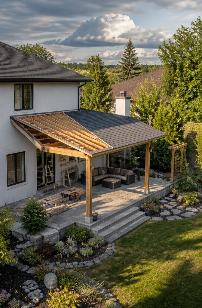 Roofing material laid out on the patio cover rafters.