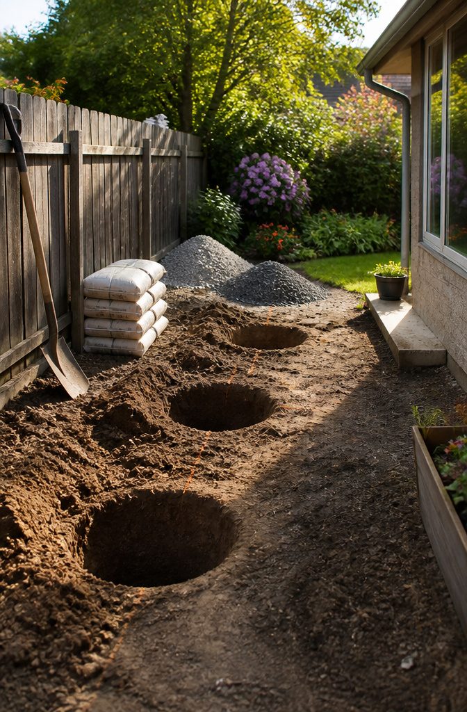 Freshly dug holes for concrete footings in a garden.