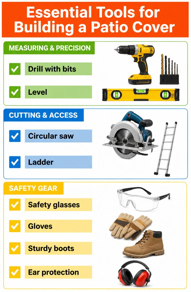 Tools including a drill, level, and saw for patio cover construction.