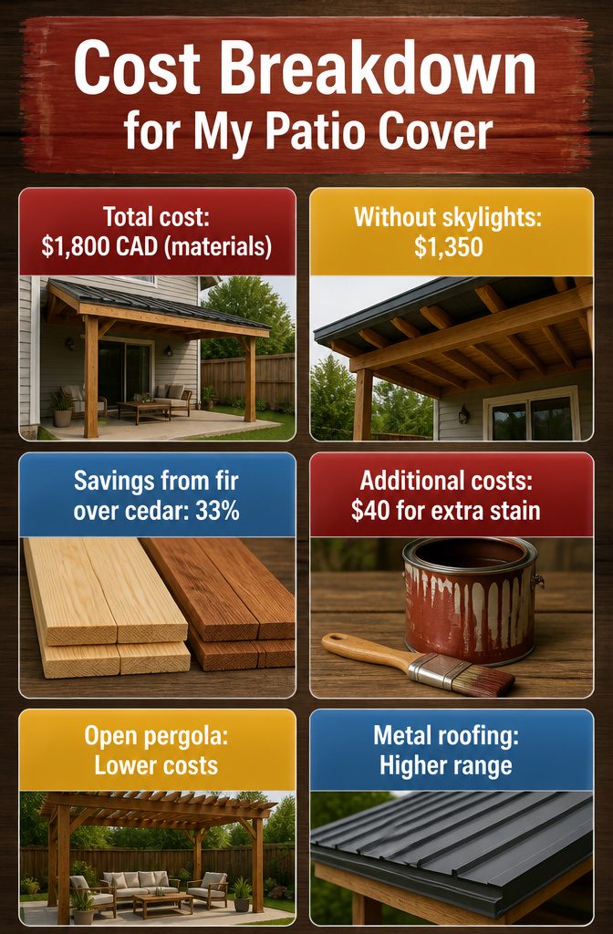 Cost summary for materials used in a patio cover project.
